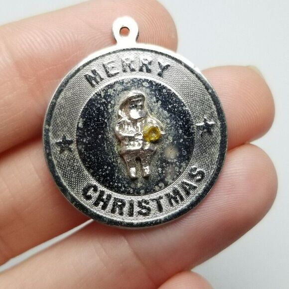 Vintage Sterling Silver Merry Christmas Santa Clause Pendant Charm, Holiday - Picture 1 of 8